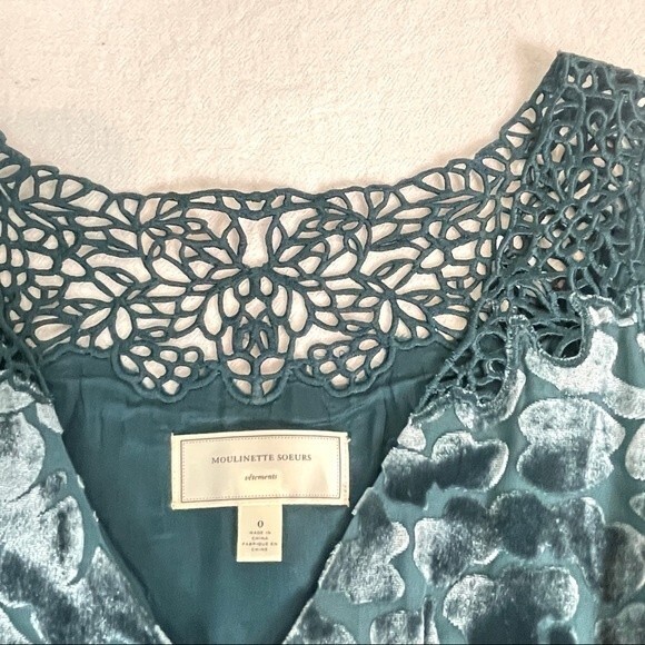 Moulinette Soeurs Anthropologie Velvet Silk Blend Teal Sheath Dress 0 - Picture 3 of 10